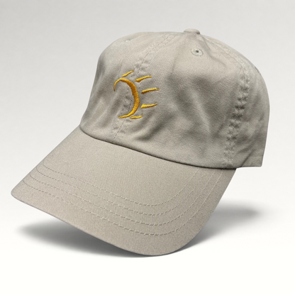 Raree Finds vintage tan cotton strapback hat with minimalist gold embroidered dancing bear graphic