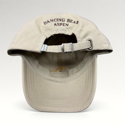 Raree Finds vintage tan cotton strapback hat with Dancing Bear Aspen embroidery on the back and adjustable buckle