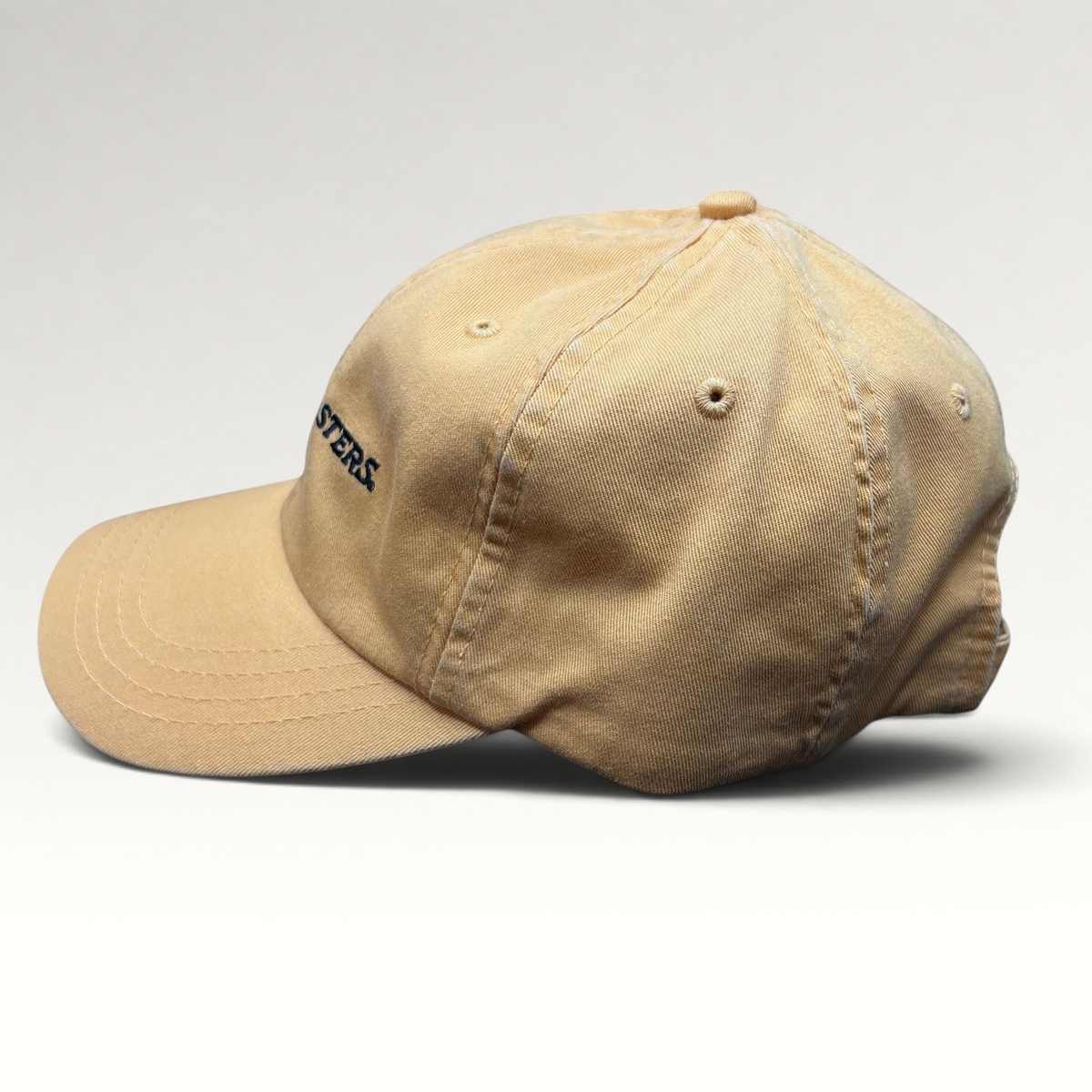 Raree Finds vintage tan cotton dad cap with Trashmasters embroidered text in a side profile view
