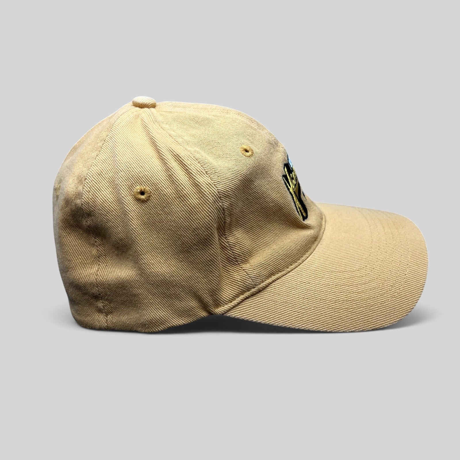 Raree Finds vintage tan cotton strapback hat featuring an embroidered Winter X Games VIII logo, side profile view.