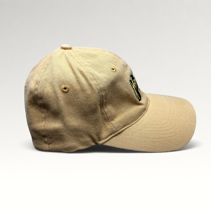 Raree Finds vintage tan cotton strapback hat featuring an embroidered Winter X Games VIII logo, side profile view.
