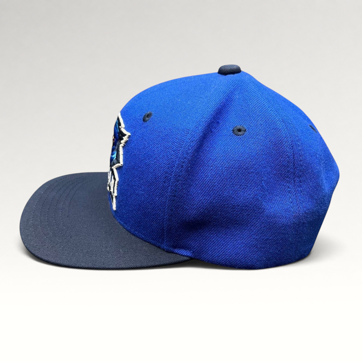 Raree Finds 2017 Taoyuan baseball snapback hat in royal blue with a navy brim and embroidered raven logo side view