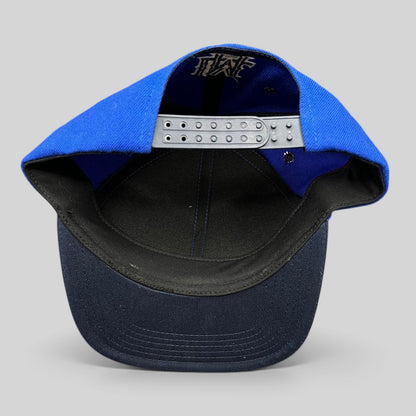 Raree Finds 2017 Taoyuan baseball snapback hat showing the interior royal blue crown and adjustable grey plastic strap.