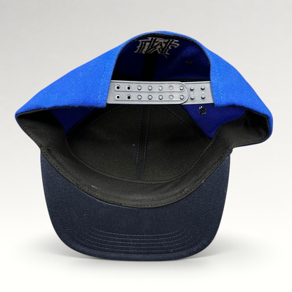 Raree Finds 2017 Taoyuan baseball snapback hat showing the interior royal blue crown and adjustable grey plastic strap.