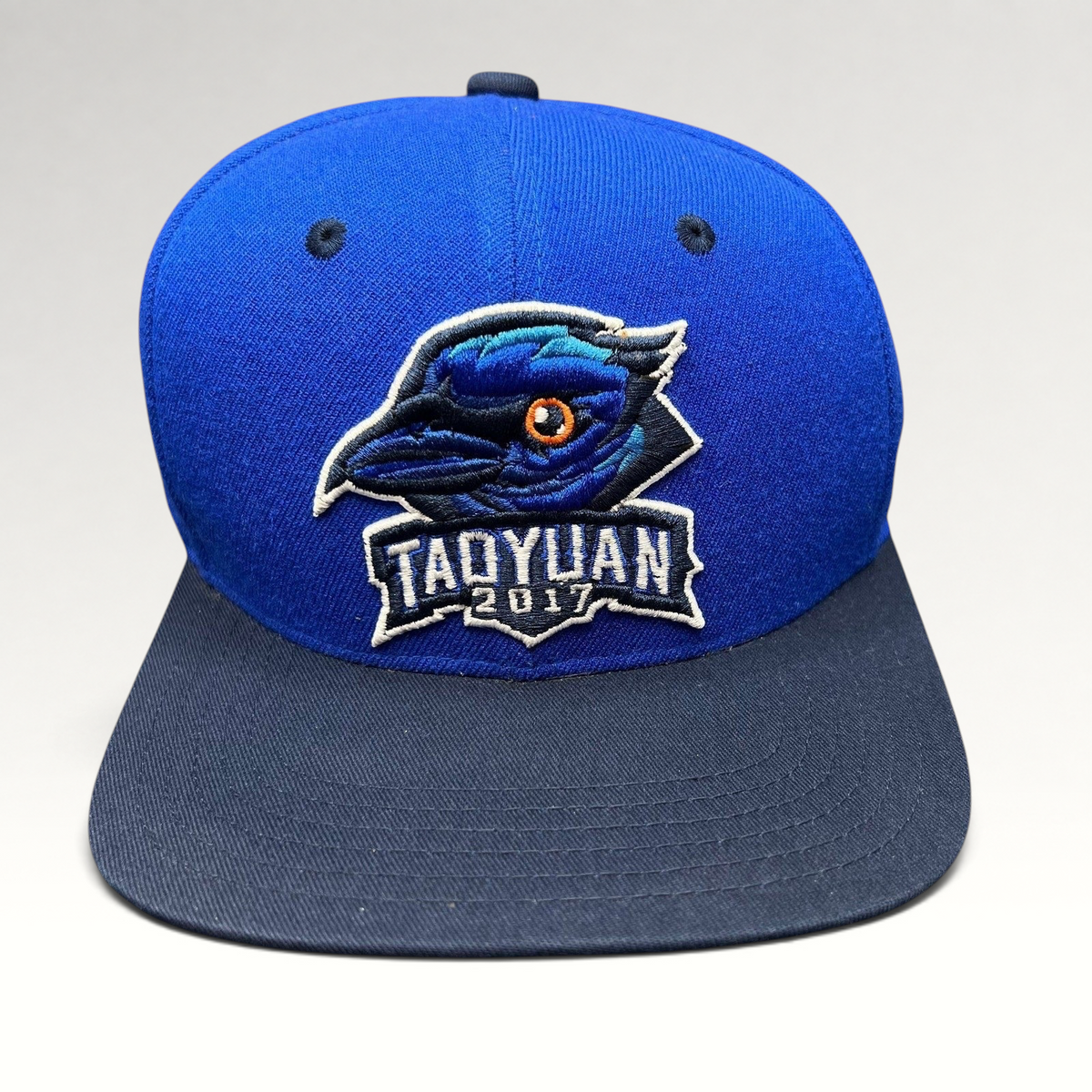 Raree Finds 2017 Taoyuan baseball snapback hat in royal blue and navy with an embroidered raven logo on the front.