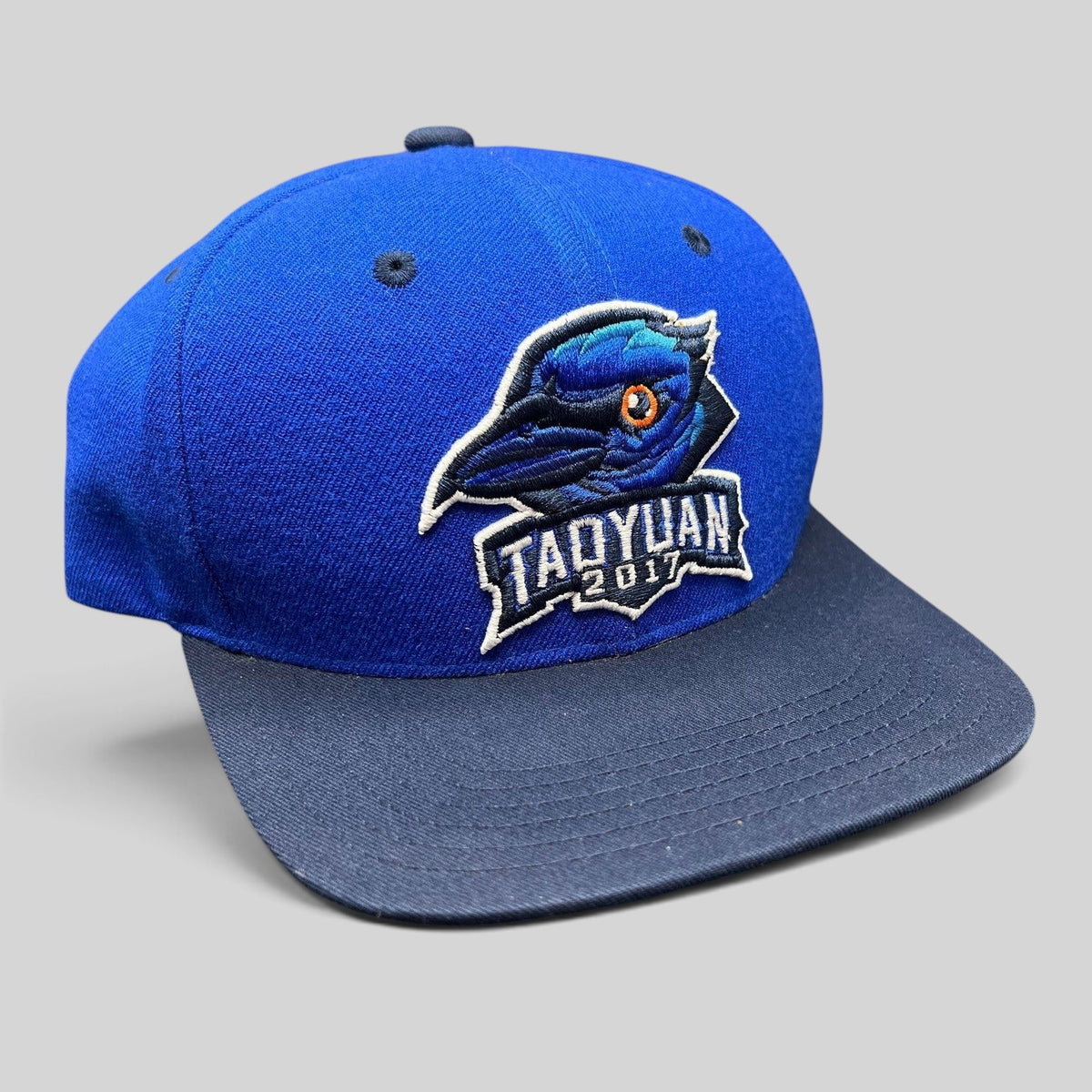Raree Finds 2017 Taoyuan baseball snapback hat with royal blue crown, navy brim, and embroidered raven logo.