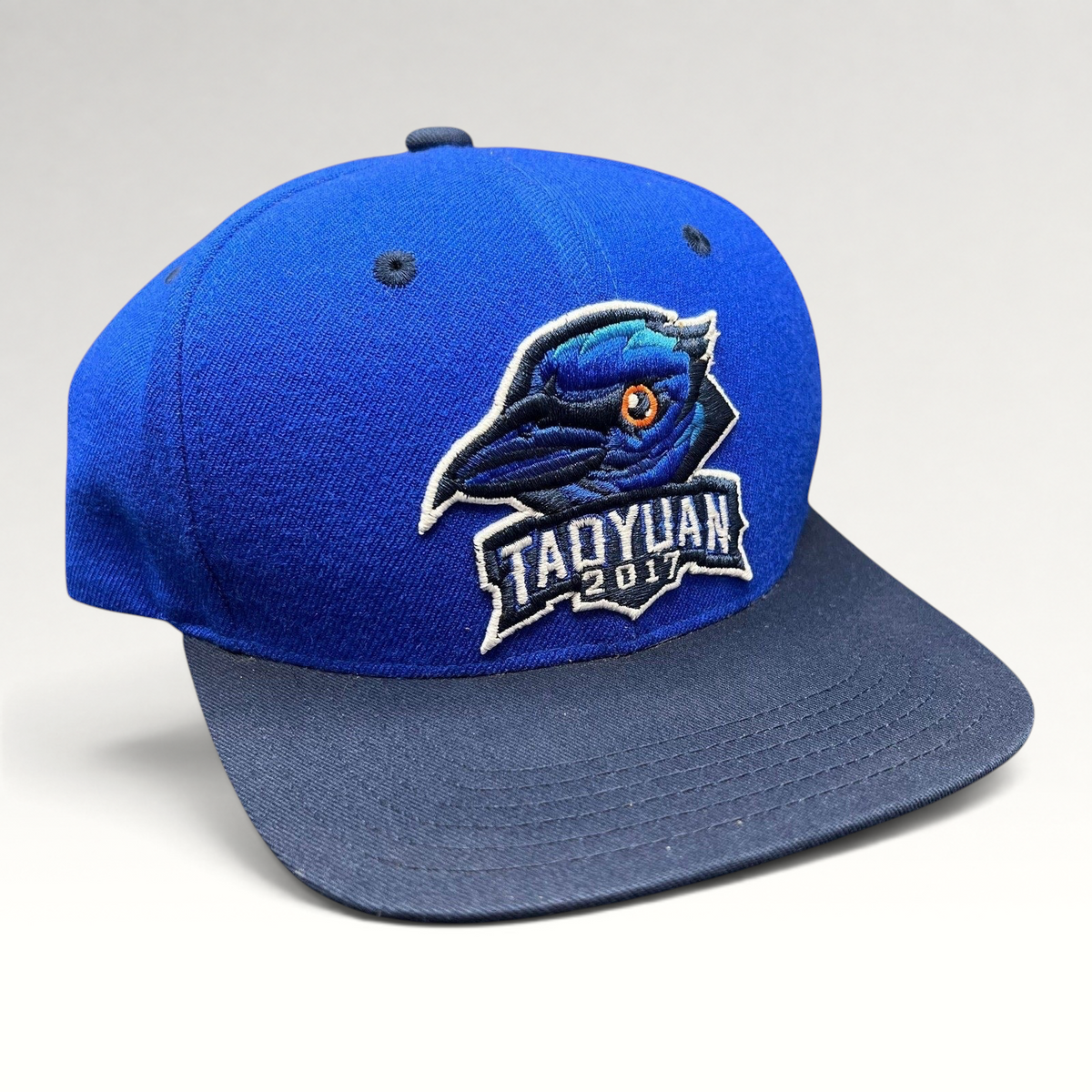 Raree Finds 2017 Taoyuan baseball snapback hat with royal blue crown, navy brim, and embroidered raven logo.