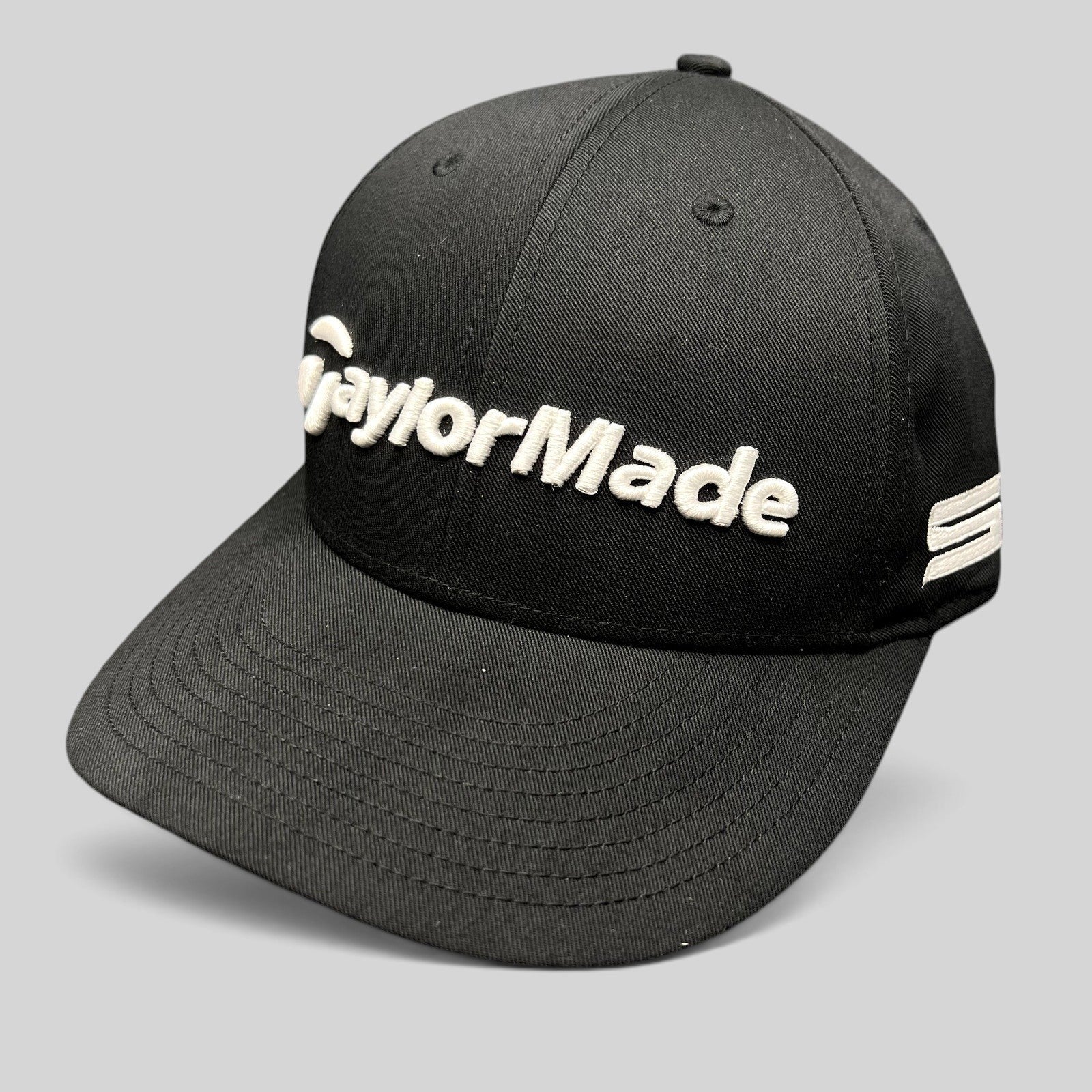 Raree Finds black TaylorMade golf snapback hat with raised white front embroidery and TP5 side branding