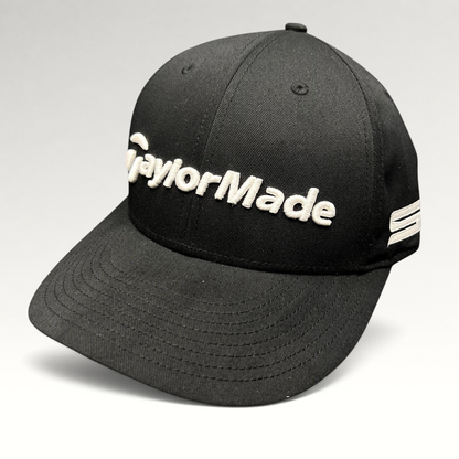 Raree Finds black TaylorMade golf snapback hat with raised white front embroidery and TP5 side branding