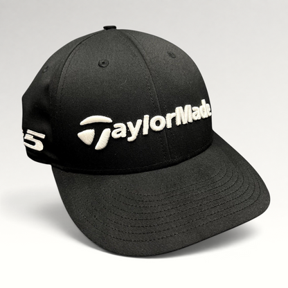 Raree Finds black TaylorMade TP5 golf snapback hat with raised white front embroidery and side branding