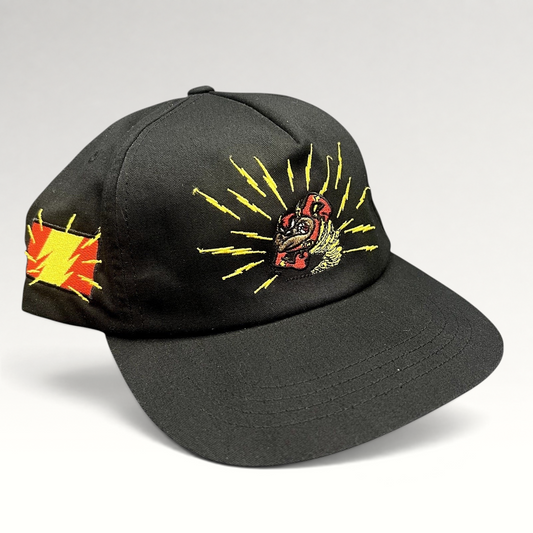 Raree Finds black snapback hat featuring embroidered Tasmanian Devil graphic and lightning details from The Hundreds.