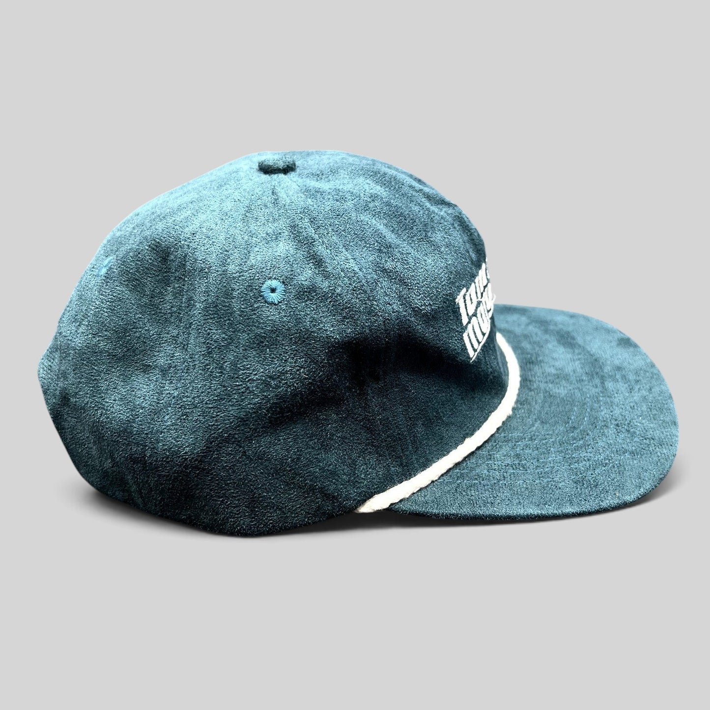 Raree Finds Calidum Aires teal suede snapback hat with white embroidered Tommy’s Margarita Mix logo and rope detail.
