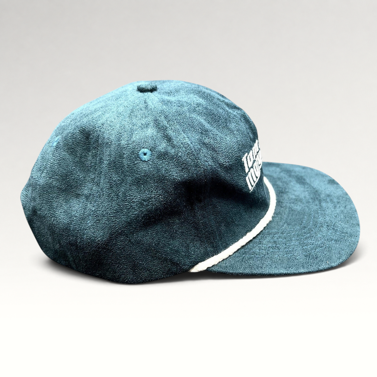 Raree Finds Calidum Aires teal suede snapback hat with white embroidered Tommy’s Margarita Mix logo and rope detail.