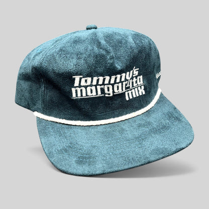 Raree Finds Calidum Aires teal suede snapback hat with white Tommy’s Margarita Mix embroidery and braided rope detail.