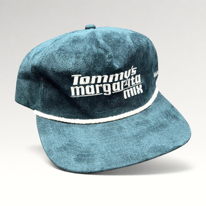 Raree Finds Calidum Aires teal suede snapback hat with white Tommy’s Margarita Mix embroidery and braided rope detail.