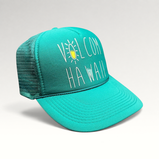 Raree Finds teal Volcom Hawaii trucker hat with foam front, mesh back, rope detail, and surf-inspired graphic.