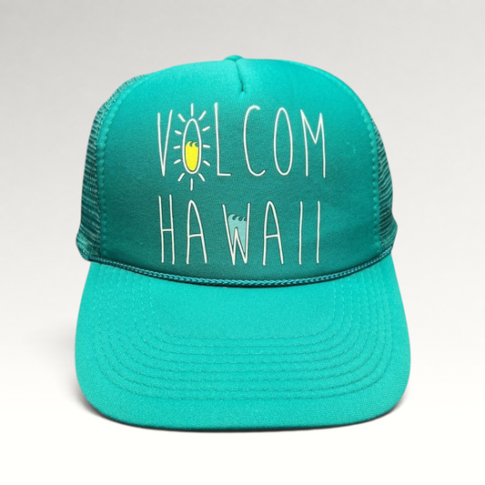 Raree Finds teal Volcom Hawaii trucker hat with foam front panel, mesh back, and surf-inspired graphic.