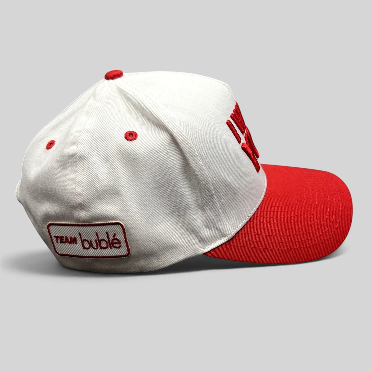 Raree Finds The Voice Team Michael Bublé snapback hat in red and white with embroidered I Want You slogan and side patch