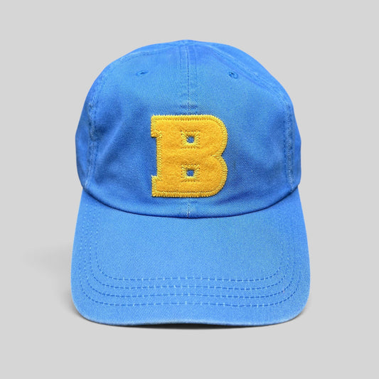 Raree Finds Ted Baker royal blue cotton dad cap with a large yellow chenille B appliqué on the front