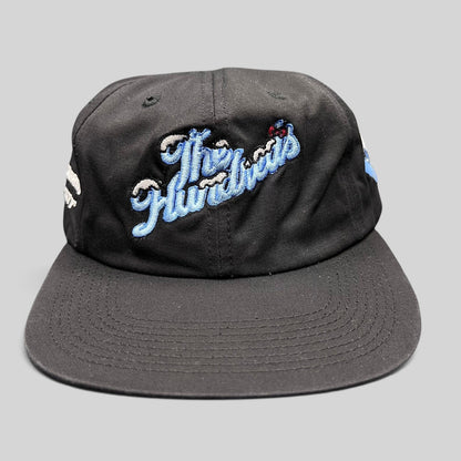 Raree Finds black cotton snapback hat from The Hundreds x Hello Kitty 2021 collaboration with blue embroidered script.