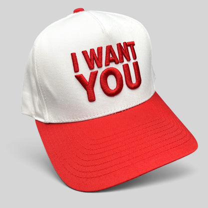 Raree Finds The Voice official red and white snapback hat with raised I WANT YOU embroidery