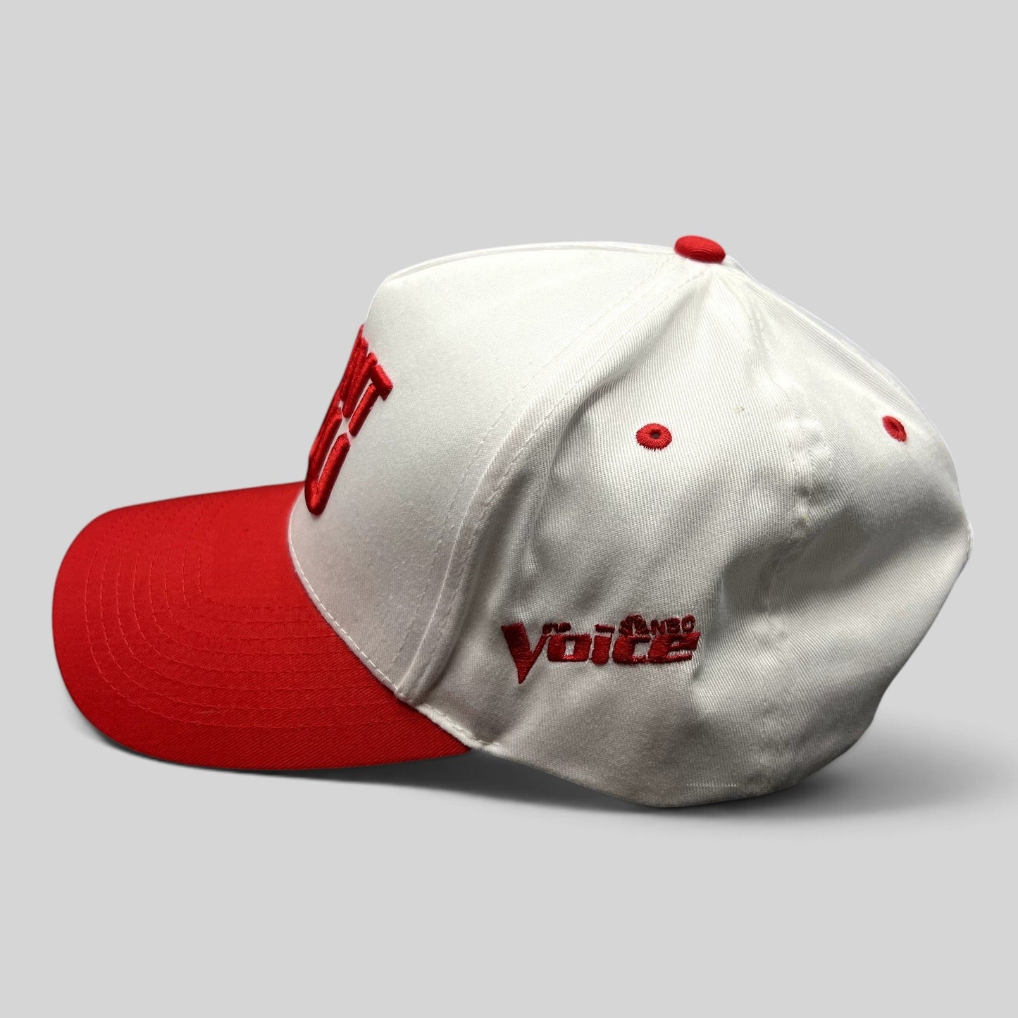 Raree Finds The Voice Team Michael Bublé snapback hat in red and white with raised I Want You embroidery side view