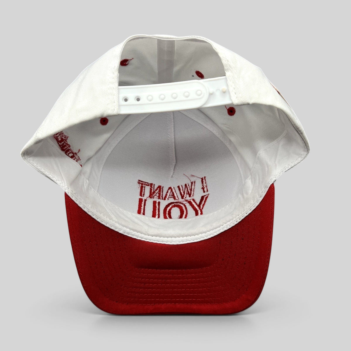 Raree Finds The Voice Team Michael Bublé snapback hat in red and white with I Want You embroidery on the inner brim.