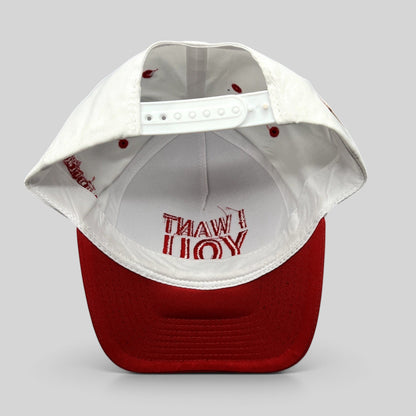 Raree Finds The Voice Team Michael Bublé snapback hat in red and white with I Want You embroidery on the inner brim.