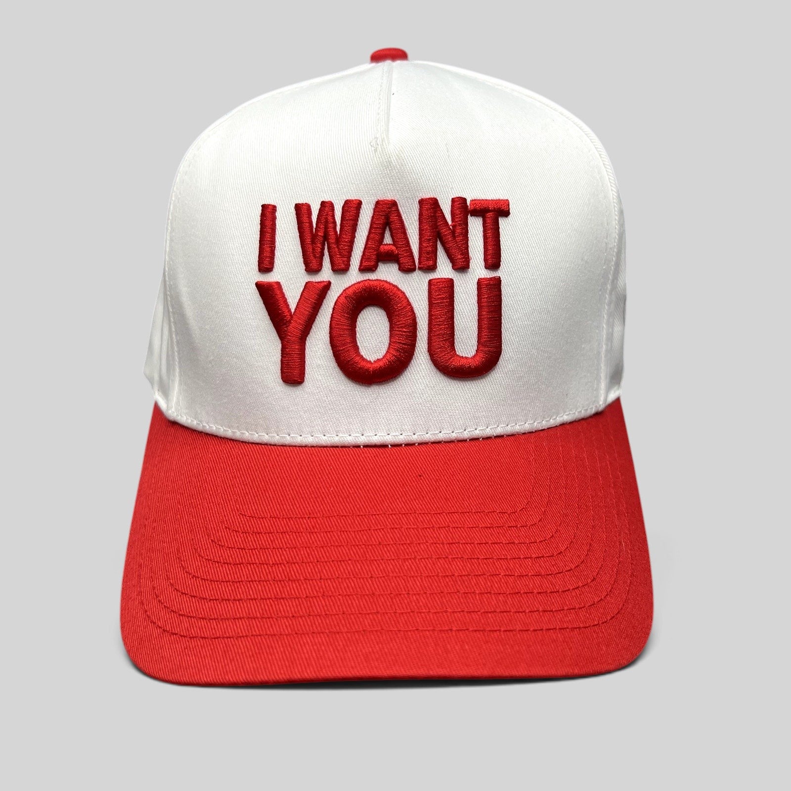 Raree Finds The Voice official red and white snapback hat with raised I WANT YOU embroidery