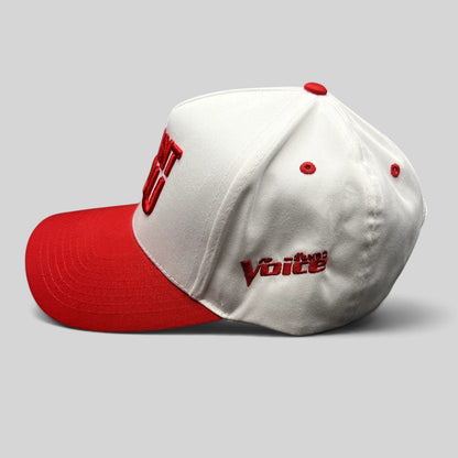 Raree Finds The Voice I Want You snapback hat with a white crown, red brim, and red embroidered side logo.