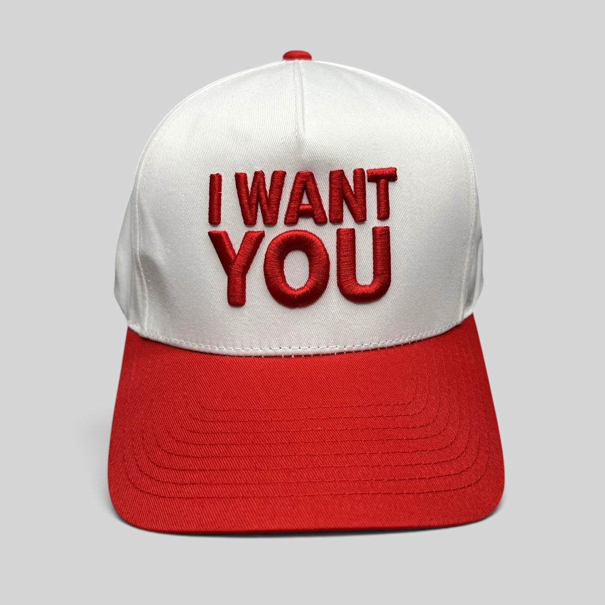 Raree Finds official The Voice snapback hat with white crown and red brim featuring I WANT YOU raised embroidery.