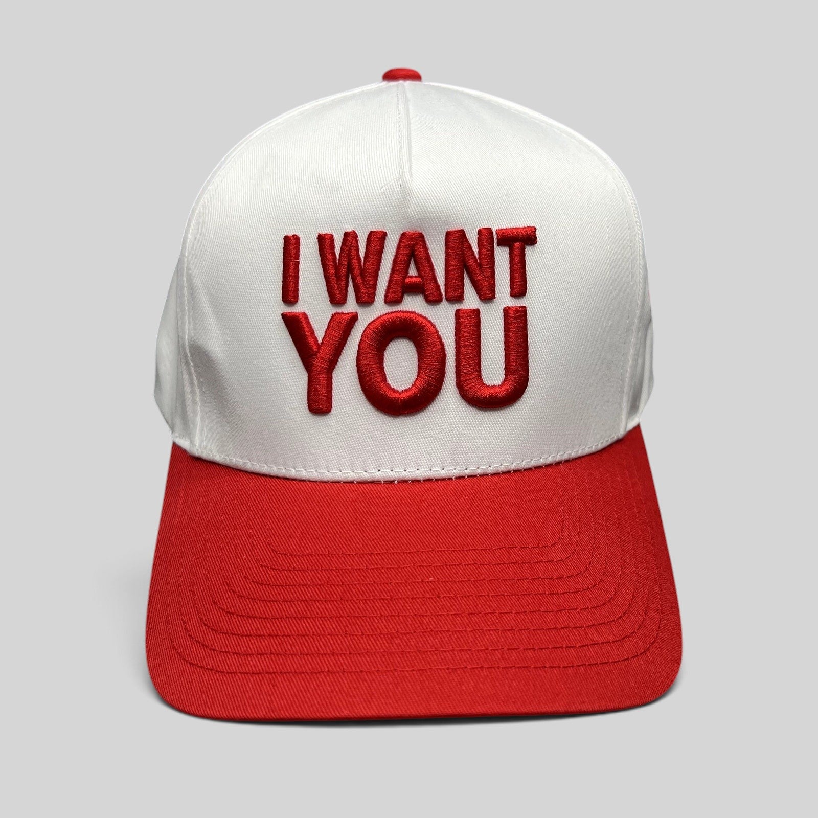 Raree Finds official The Voice snapback hat with white crown and red brim featuring I WANT YOU raised embroidery.