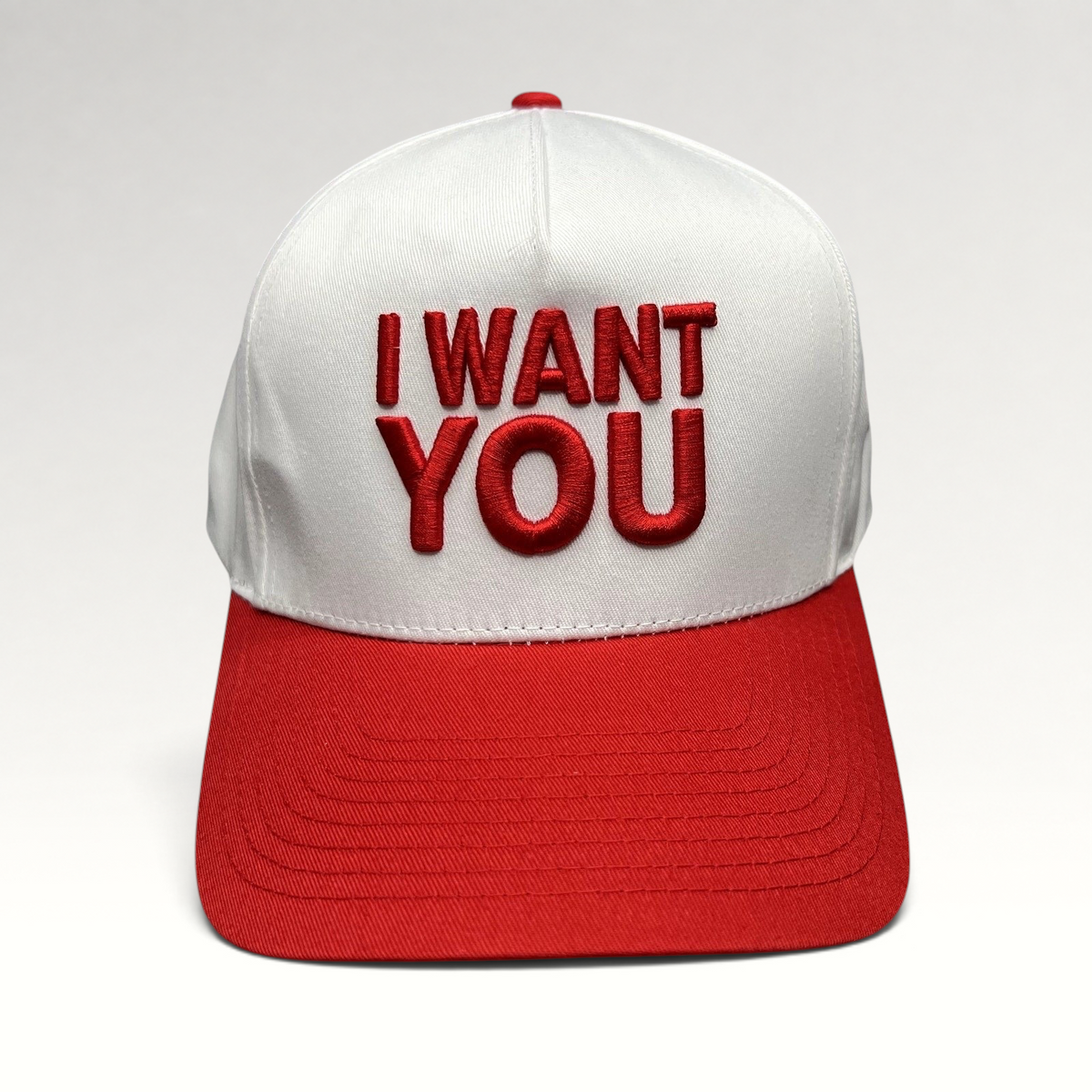 Raree Finds official The Voice snapback hat with white crown and red brim featuring I WANT YOU raised embroidery.