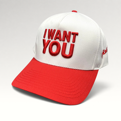 Raree Finds The Voice I Want You snapback hat with white crown, red brim, and bold raised red front embroidery.