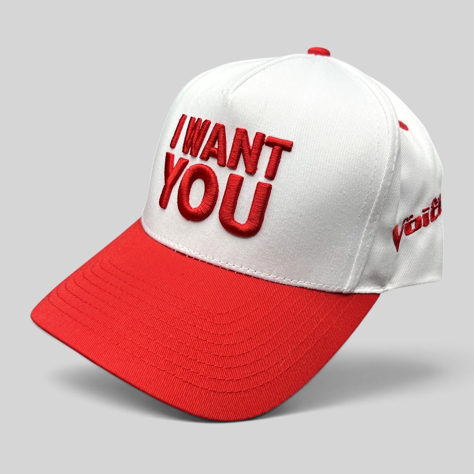 Raree Finds The Voice Team Michael Bublé red and white snapback hat with raised I WANT YOU embroidery