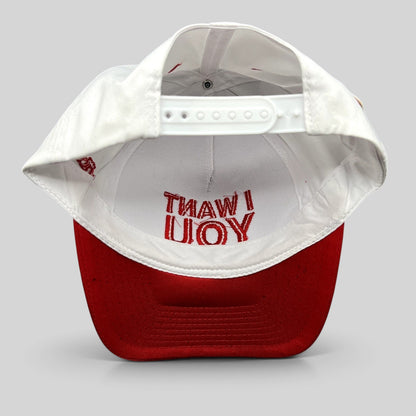 Raree Finds The Voice snapback hat interior view showing red I WANT YOU embroidery on a white crown and red brim