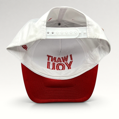 Raree Finds The Voice snapback hat interior view showing red I WANT YOU embroidery on a white crown and red brim