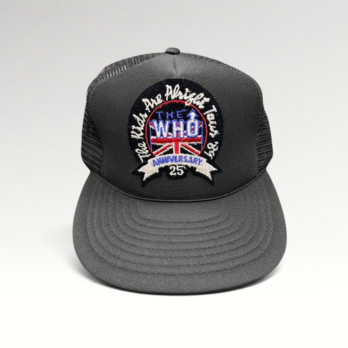 Raree Finds vintage 1989 The Who 25th Anniversary tour trucker hat with black foam front, mesh back, and embroidery.