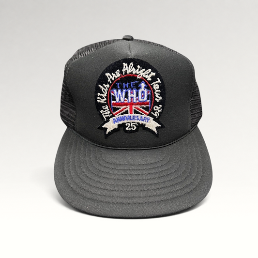 Raree Finds vintage 1989 The Who 25th Anniversary tour trucker hat with black foam front, mesh back, and embroidery.