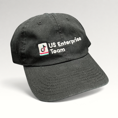 Raree Finds black TikTok US Enterprise Team strapback hat with embroidered logo on a structured crown