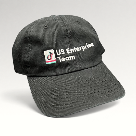 Raree Finds black TikTok US Enterprise Team strapback hat with embroidered logo on a structured crown