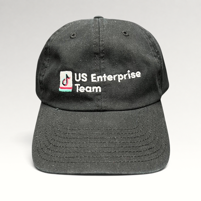 Raree Finds black TikTok US Enterprise Team strapback hat with embroidered logo on the front and curved brim