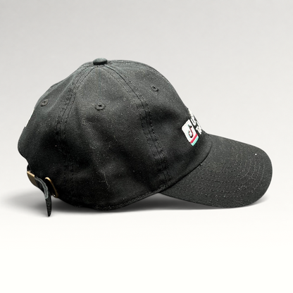 Raree Finds black TikTok US Enterprise Team strapback hat with embroidered logo and brass buckle side profile view