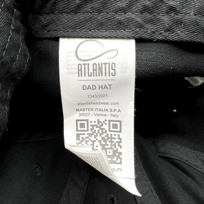 Raree Finds TikTok promotional hat interior care label by Atlantis Headwear featuring a QR code and brand details