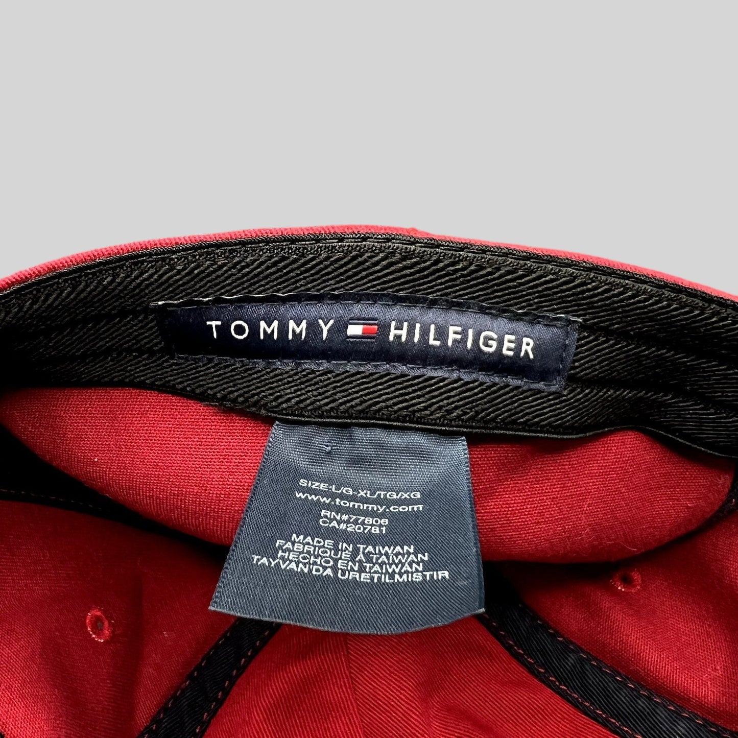 Raree Finds Tommy Hilfiger red fitted hat interior label showing size L/XL and brand branding details