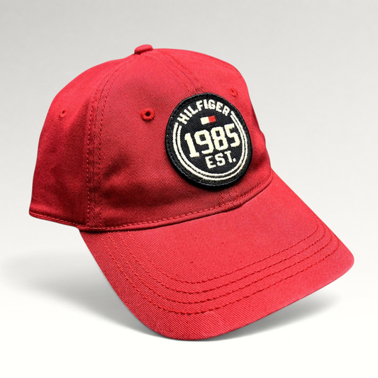 Raree Finds Tommy Hilfiger red fitted hat with 1985 EST circular embroidered patch and curved brim