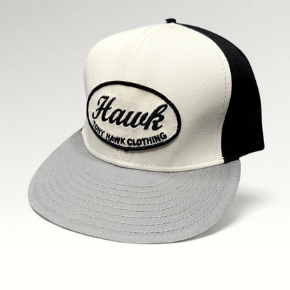 Raree Finds Tony Hawk Clothing black and white strapback hat with an embroidered oval Hawk script logo patch