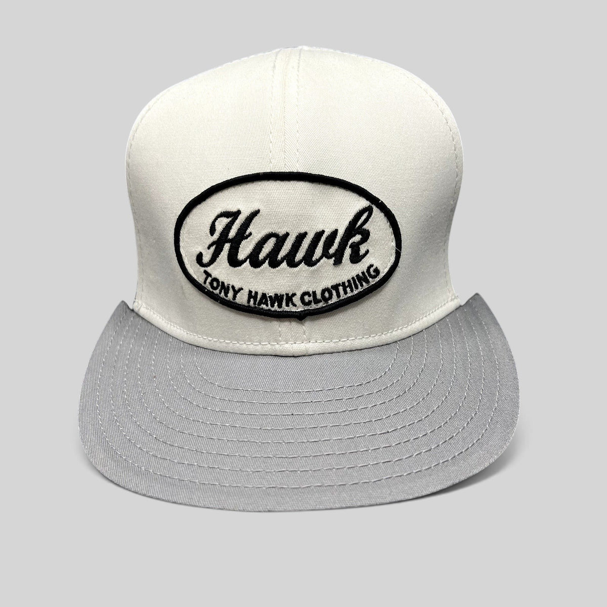 Raree Finds Tony Hawk Clothing black and white strapback hat with embroidered Hawk script logo oval patch