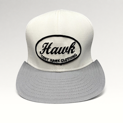 Raree Finds Tony Hawk Clothing black and white strapback hat with embroidered Hawk script logo oval patch