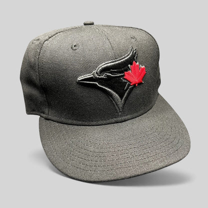 Raree Finds New Era Toronto Blue Jays snapback hat in black with a tonal logo and red maple leaf embroidery.
